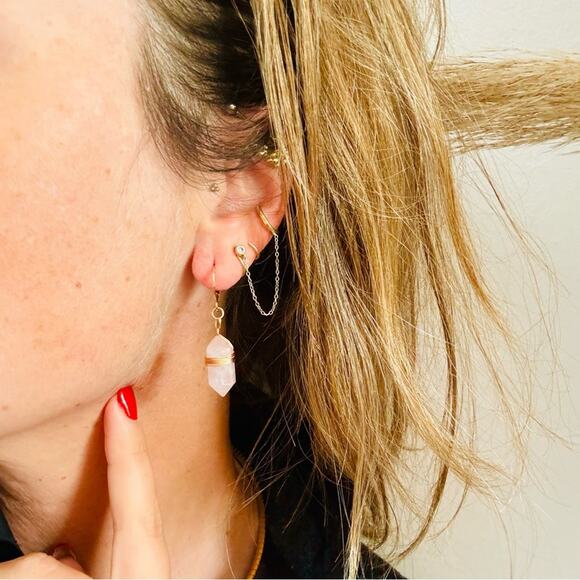 Rose Quartz Gold Handmade Boho Gemstone Crystal Hoop Earrings Hoops Jewelry - Picture 2 of 10